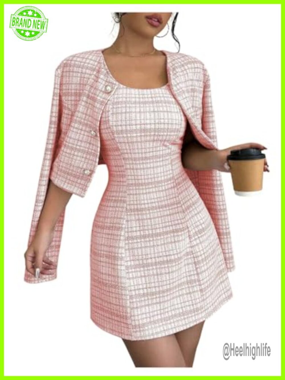 Women's 2 Piece Plaid Button Cropped Jacket and Mini Tank Dress Set